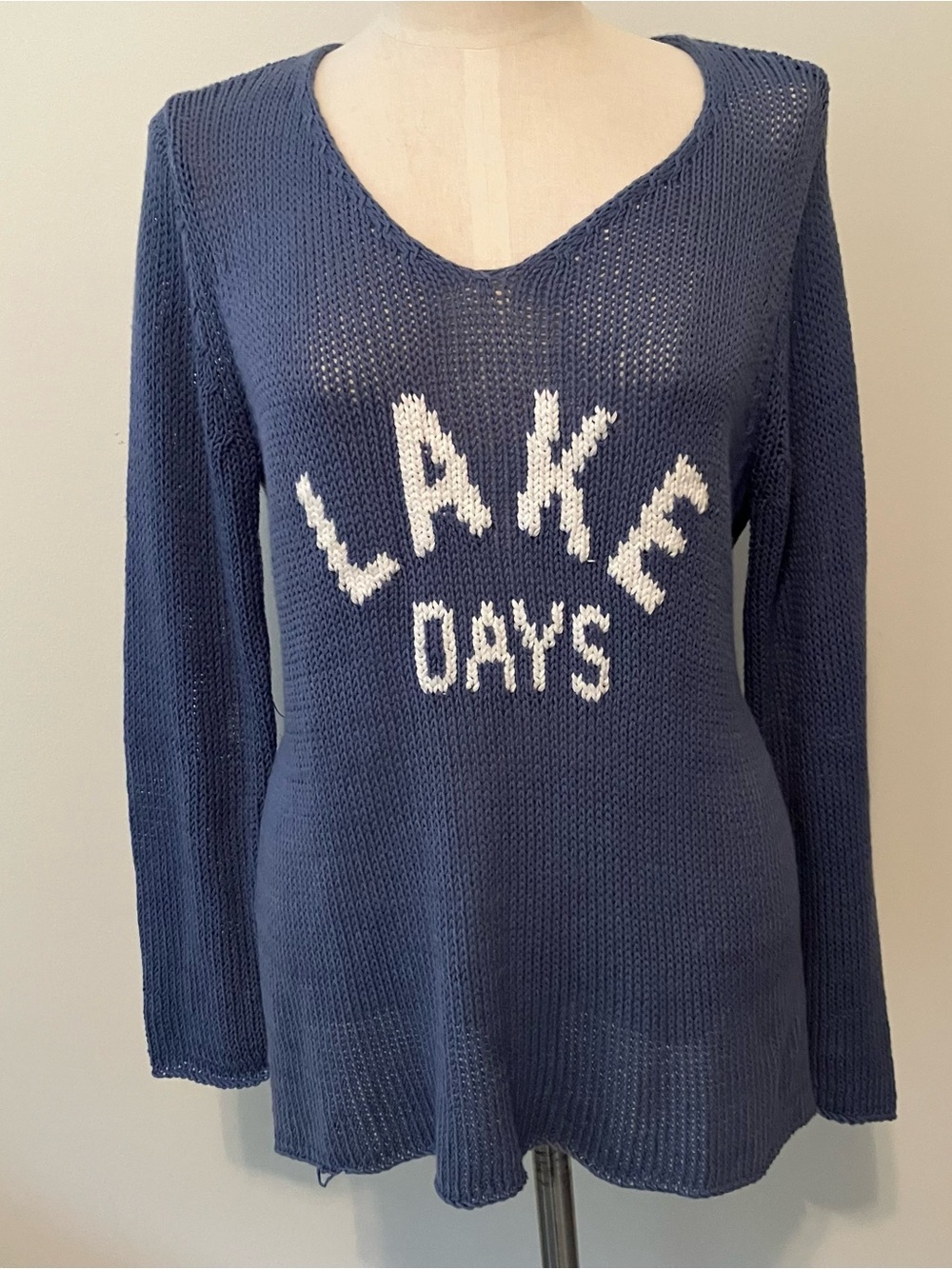 Wooden Ships Lake Days Blue Graphic Open-Knit V-Neck Pullover Sweater XS Resort